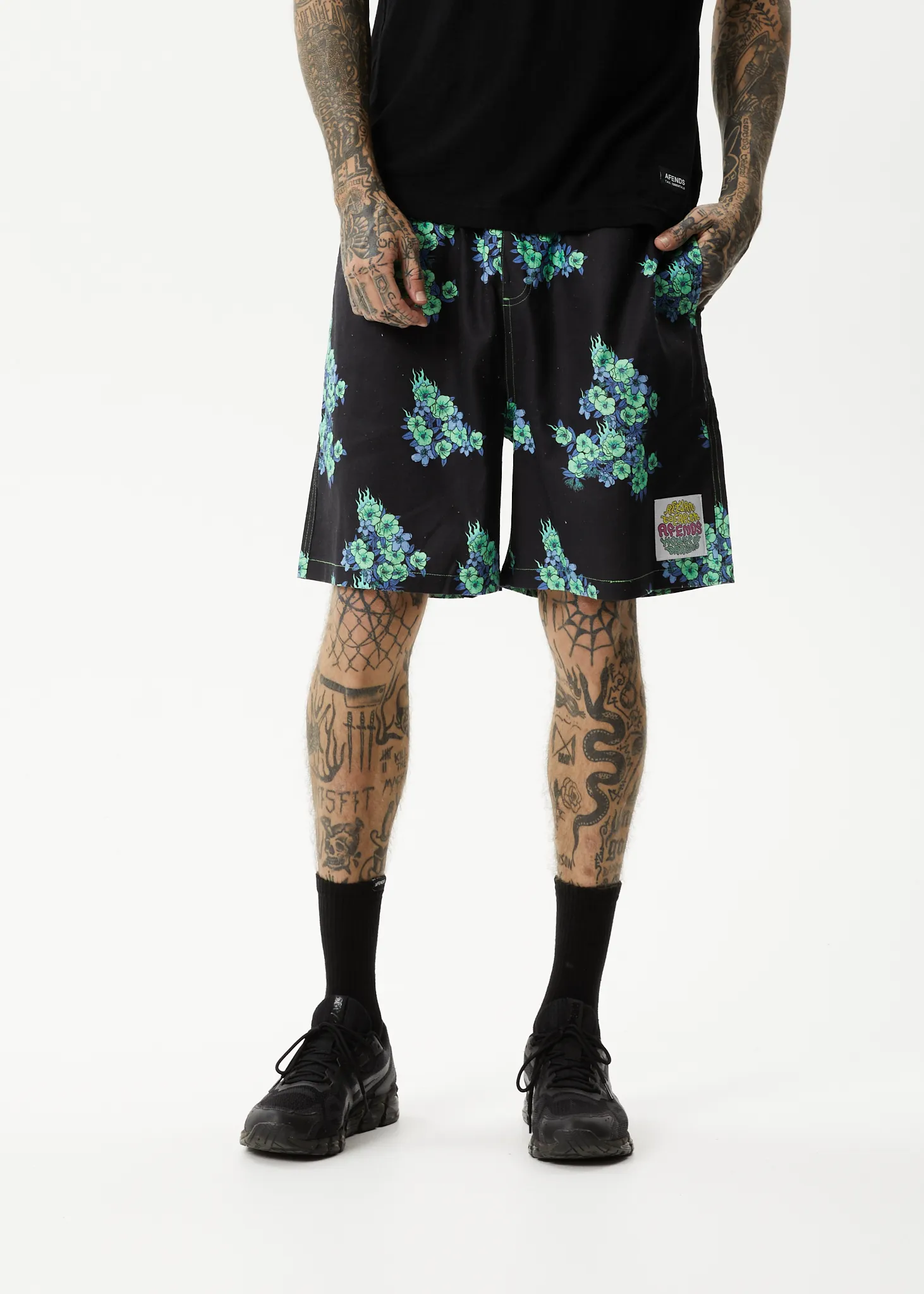 AFENDS Mens House Of Darwin - Oversized Shorts - Charcoal Floral