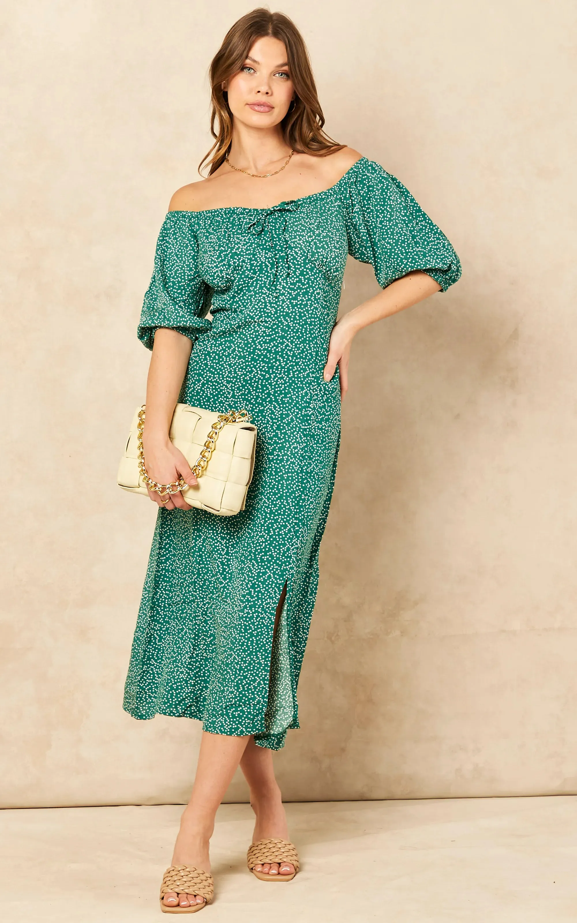 Bardot Midi Dress with slit in Green Polka Dot print