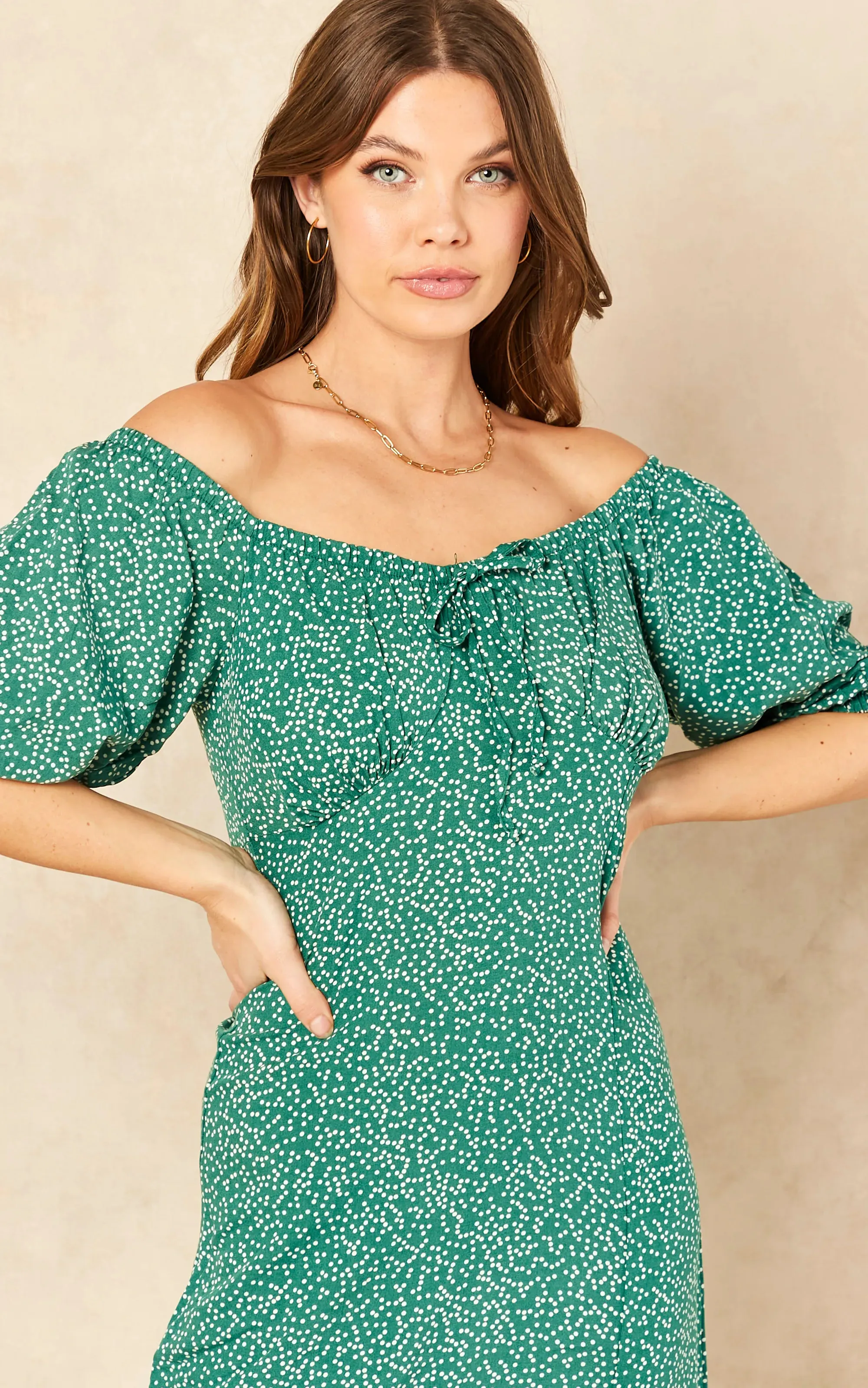 Bardot Midi Dress with slit in Green Polka Dot print