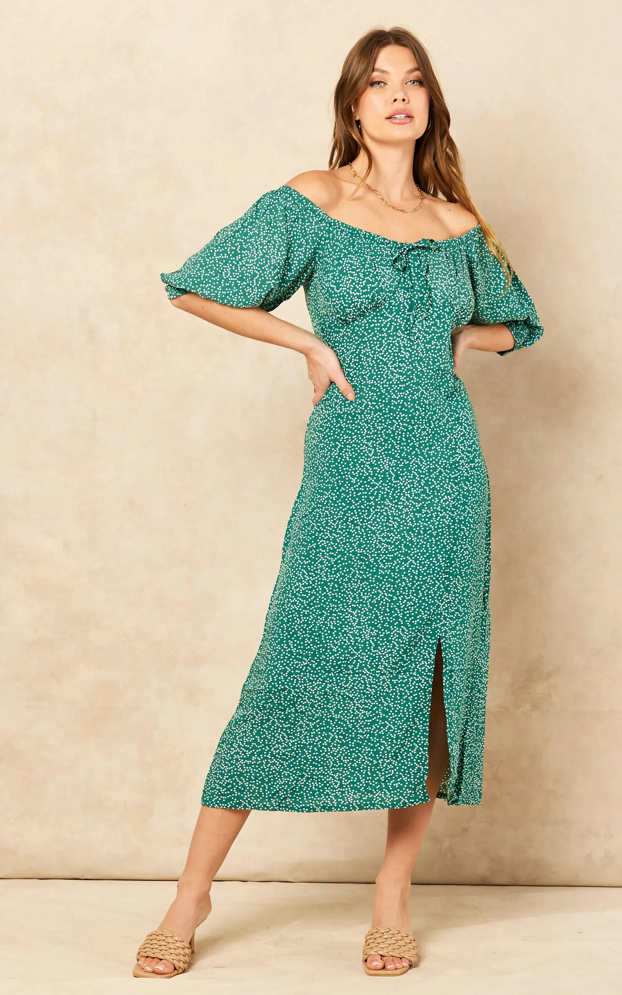 Bardot Midi Dress with slit in Green Polka Dot print