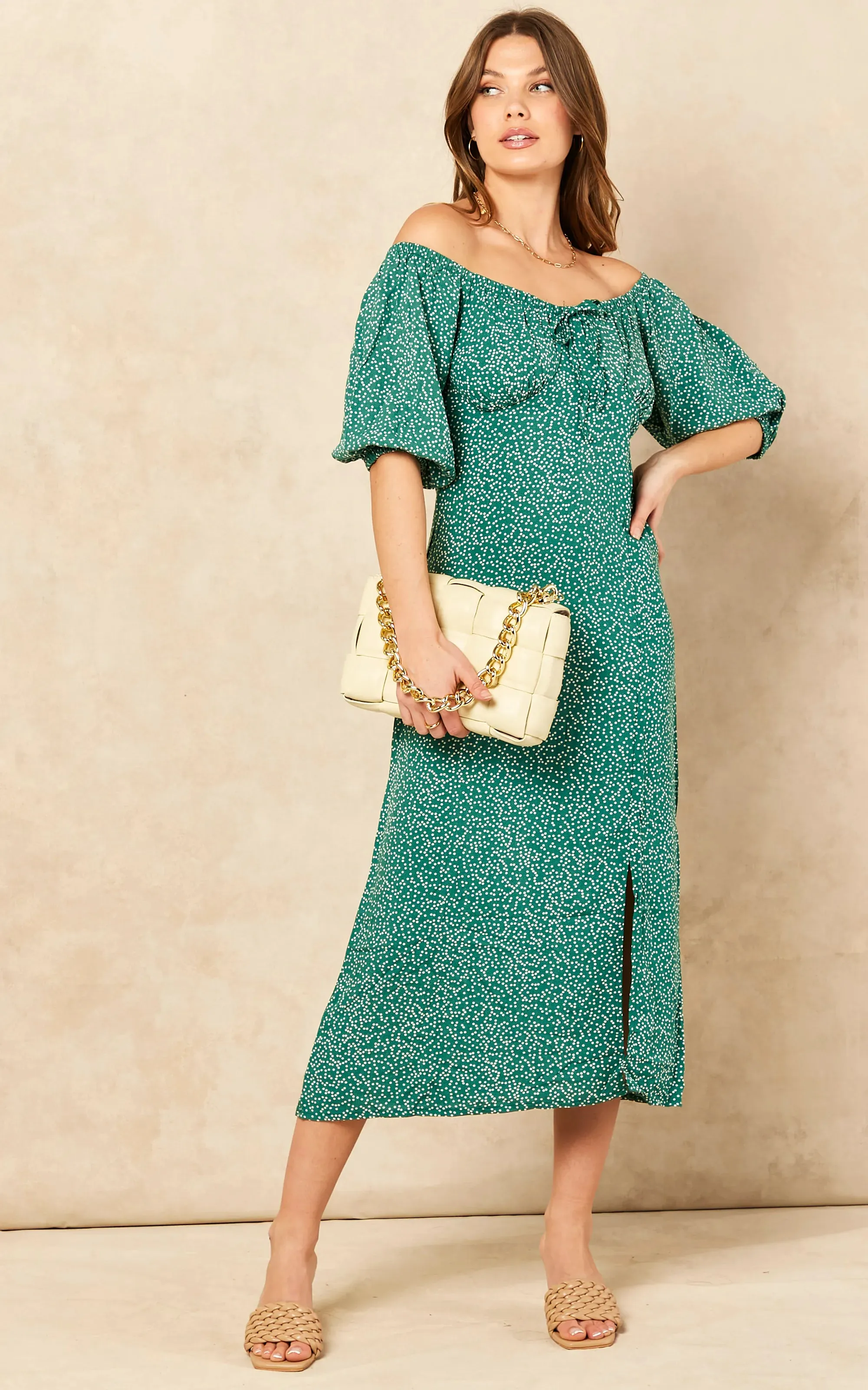 Bardot Midi Dress with slit in Green Polka Dot print