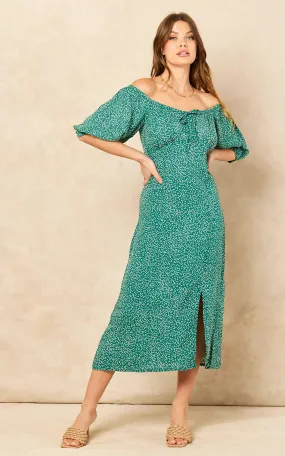 Bardot Midi Dress with slit in Green Polka Dot print