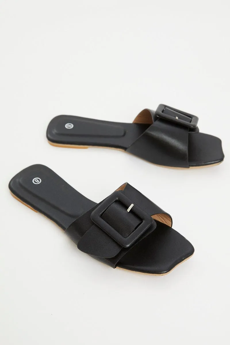 Black Buckle Detail Flat Slides