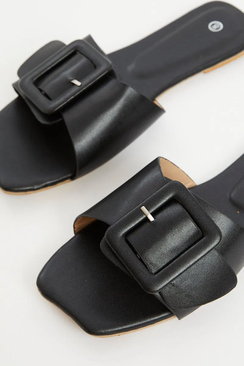 Black Buckle Detail Flat Slides