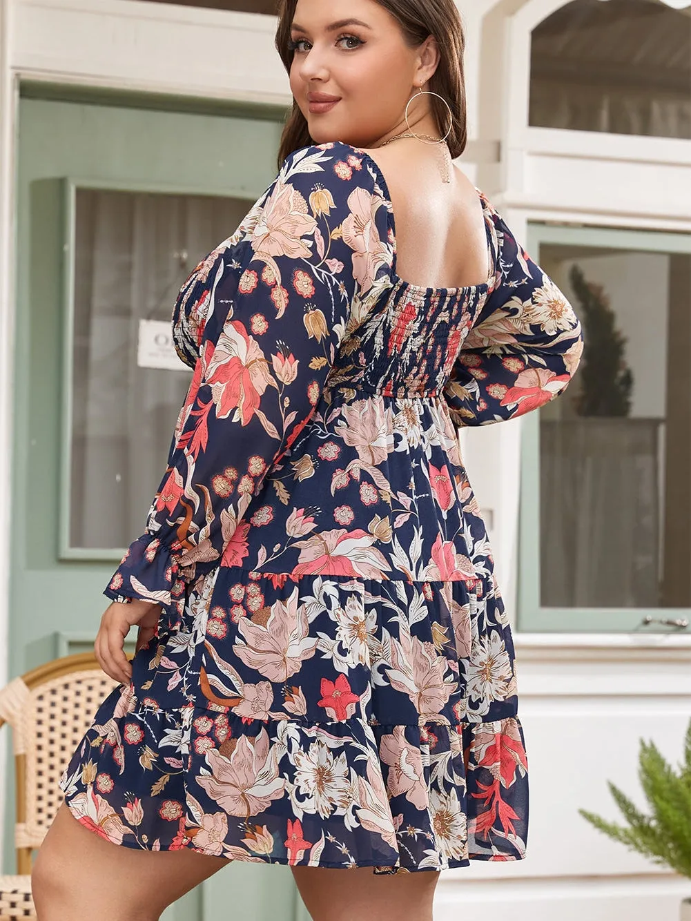 Black Floral Flounce Sleeve Smocked Ruffled Plus Size Dress