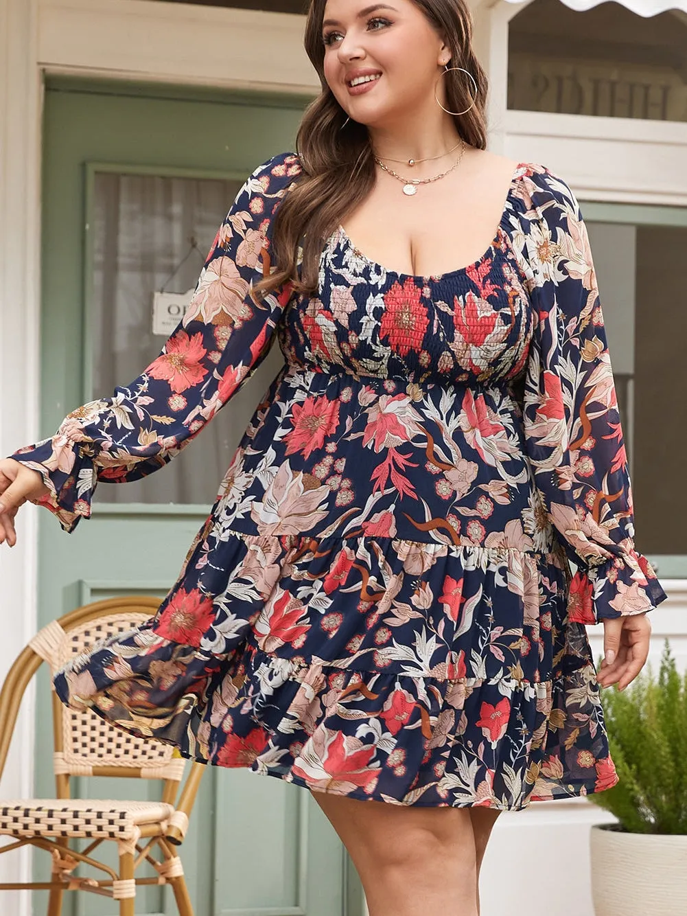 Black Floral Flounce Sleeve Smocked Ruffled Plus Size Dress