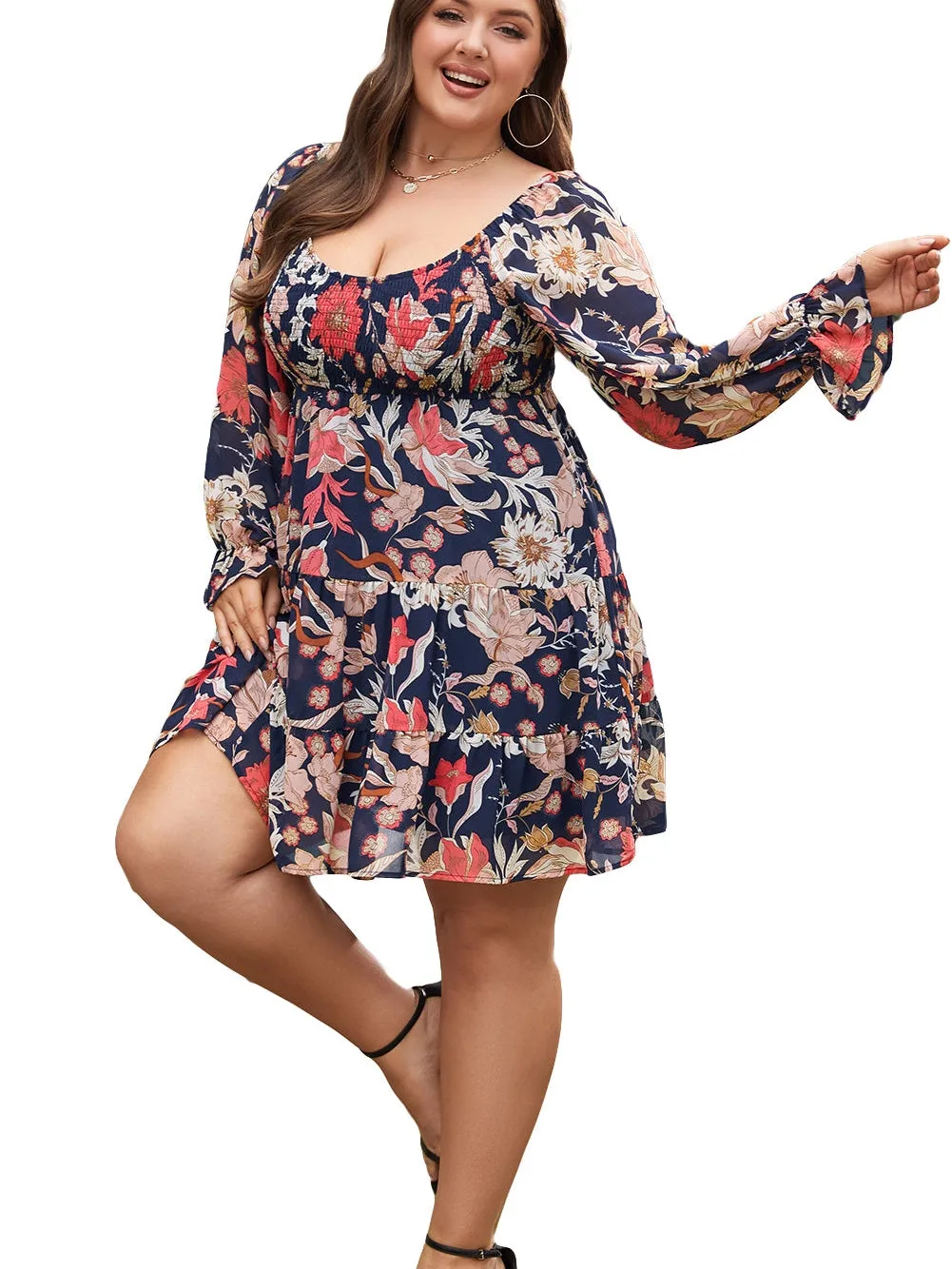 Black Floral Flounce Sleeve Smocked Ruffled Plus Size Dress