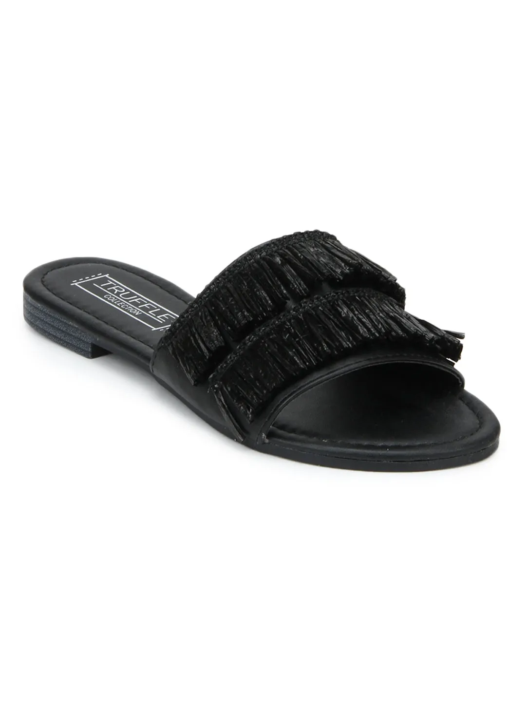 Black PU Frilled Slip-On Flats