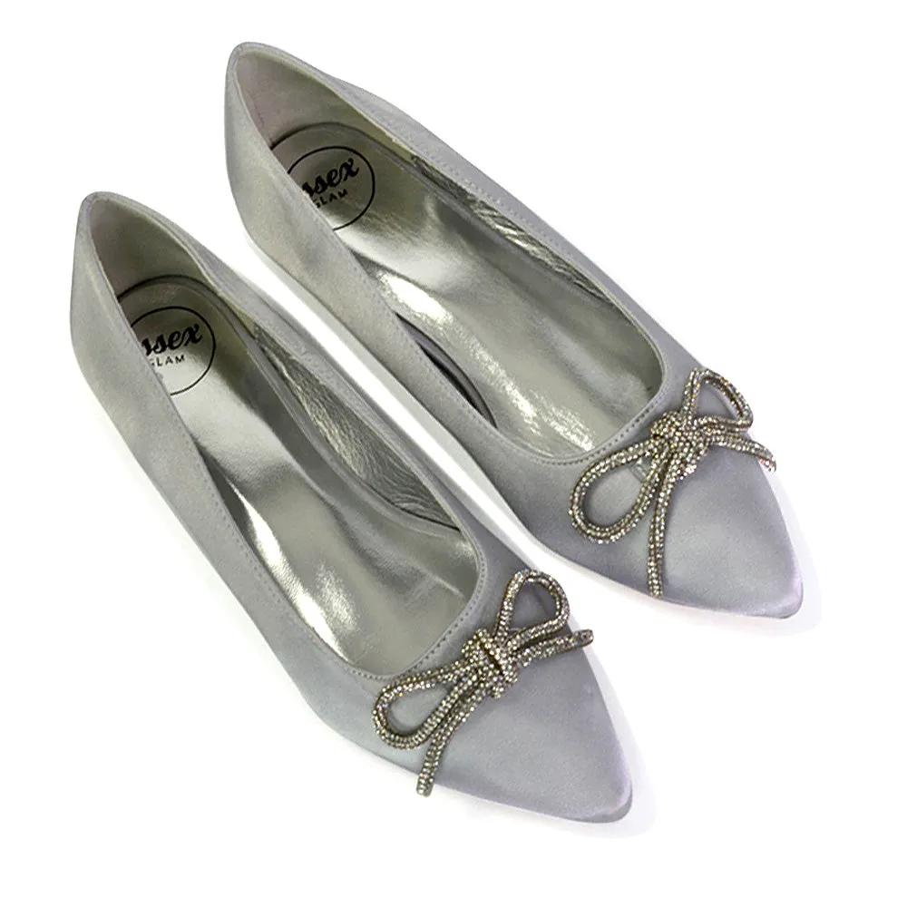 Blossom Diamante Bow Detail Pointed Toe Ballerina Pumps in Silver