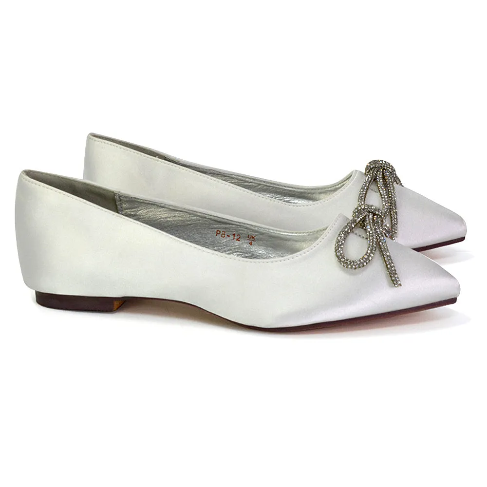 Blossom Diamante Bow Detail Pointed Toe Ballerina Pumps in Silver