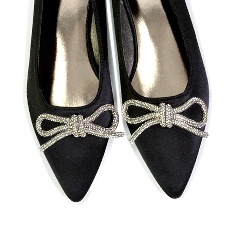 Blossom Diamante Bow Detail Pointed Toe Ballerina Pumps in Silver