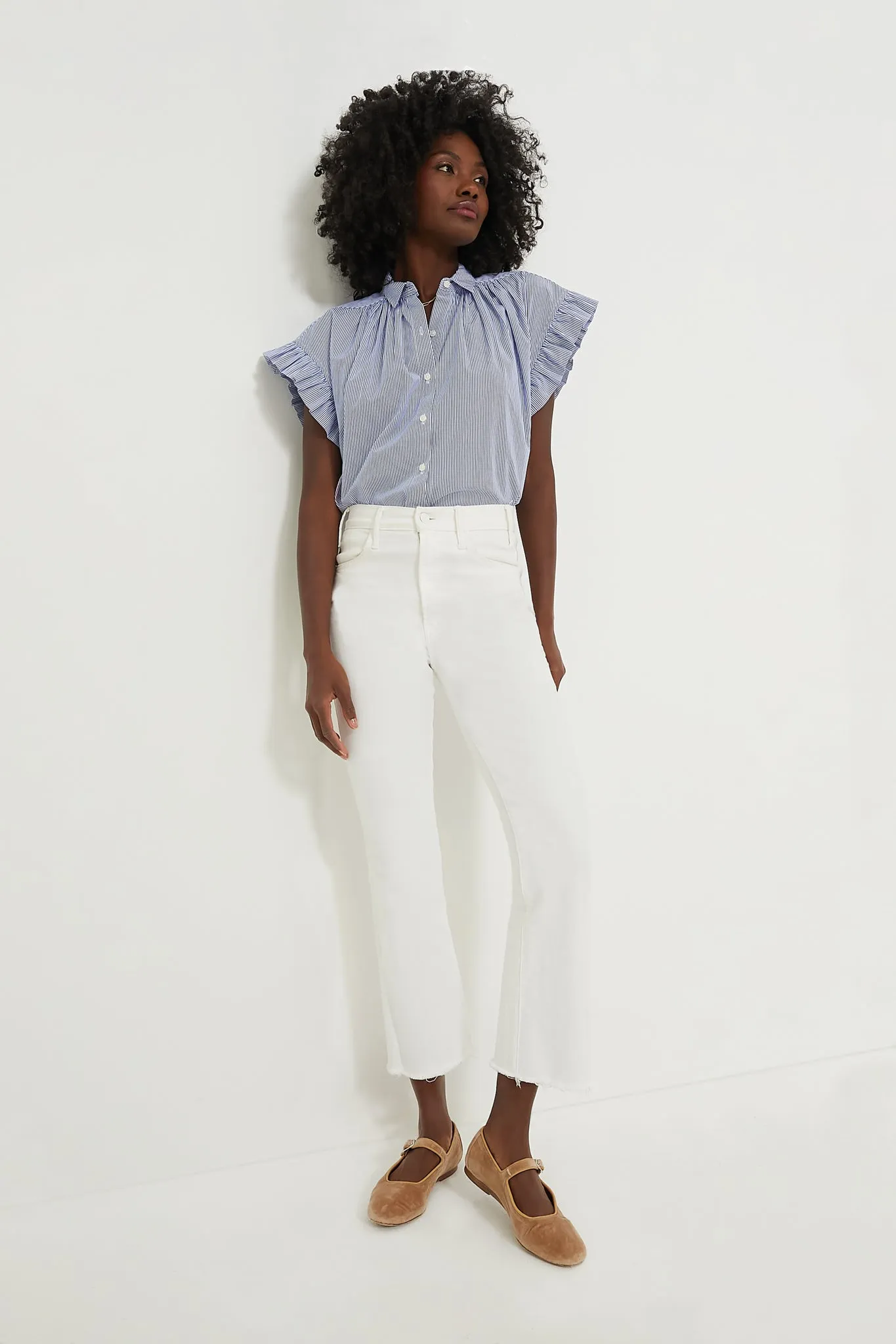 Blue and White Stripe Marianne B Ruffle Sleeve Shirt