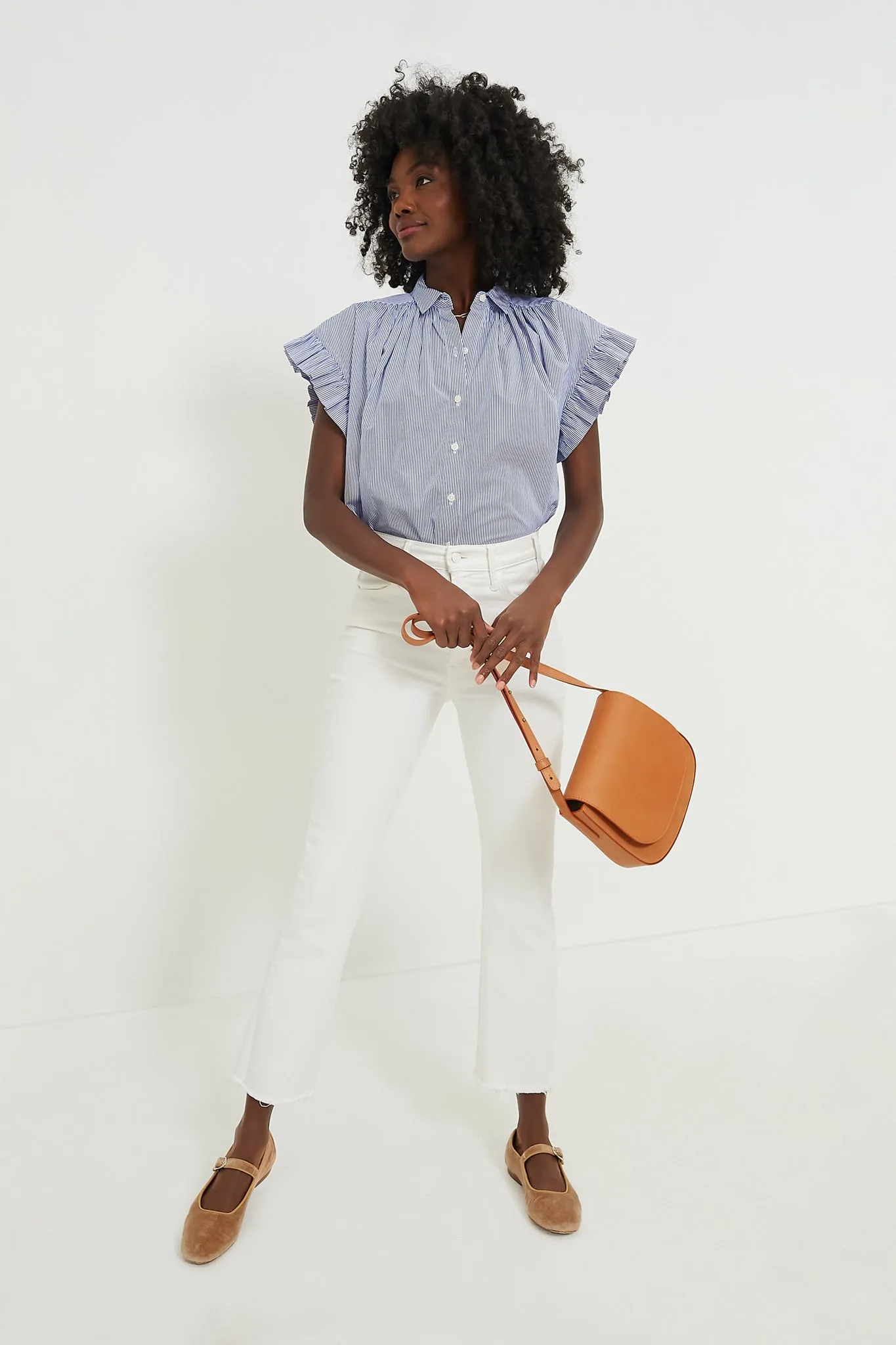 Blue and White Stripe Marianne B Ruffle Sleeve Shirt