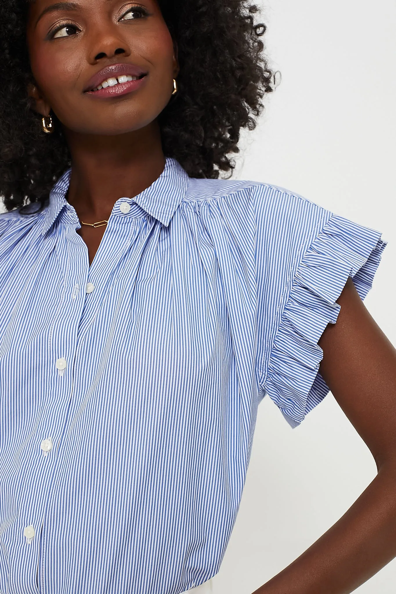 Blue and White Stripe Marianne B Ruffle Sleeve Shirt