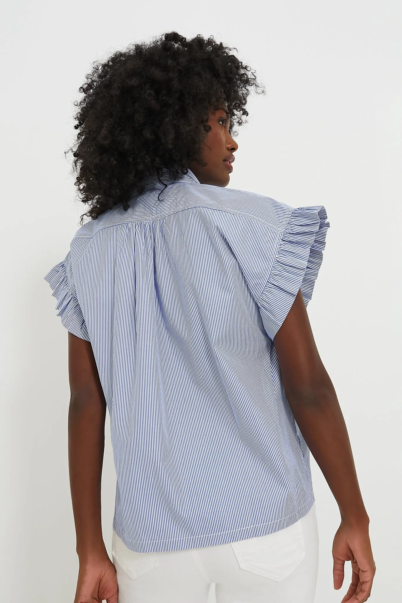 Blue and White Stripe Marianne B Ruffle Sleeve Shirt