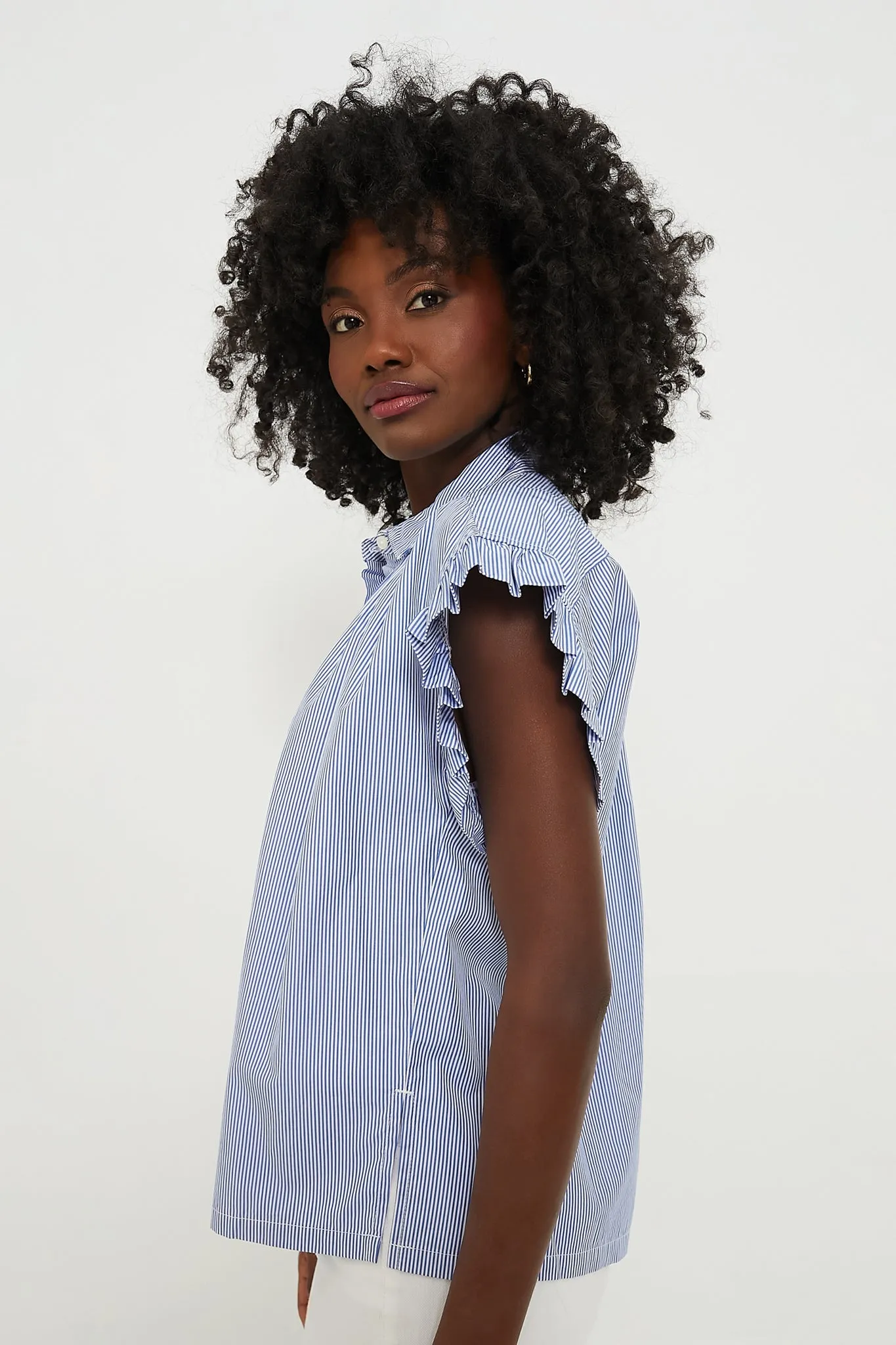 Blue and White Stripe Marianne B Ruffle Sleeve Shirt