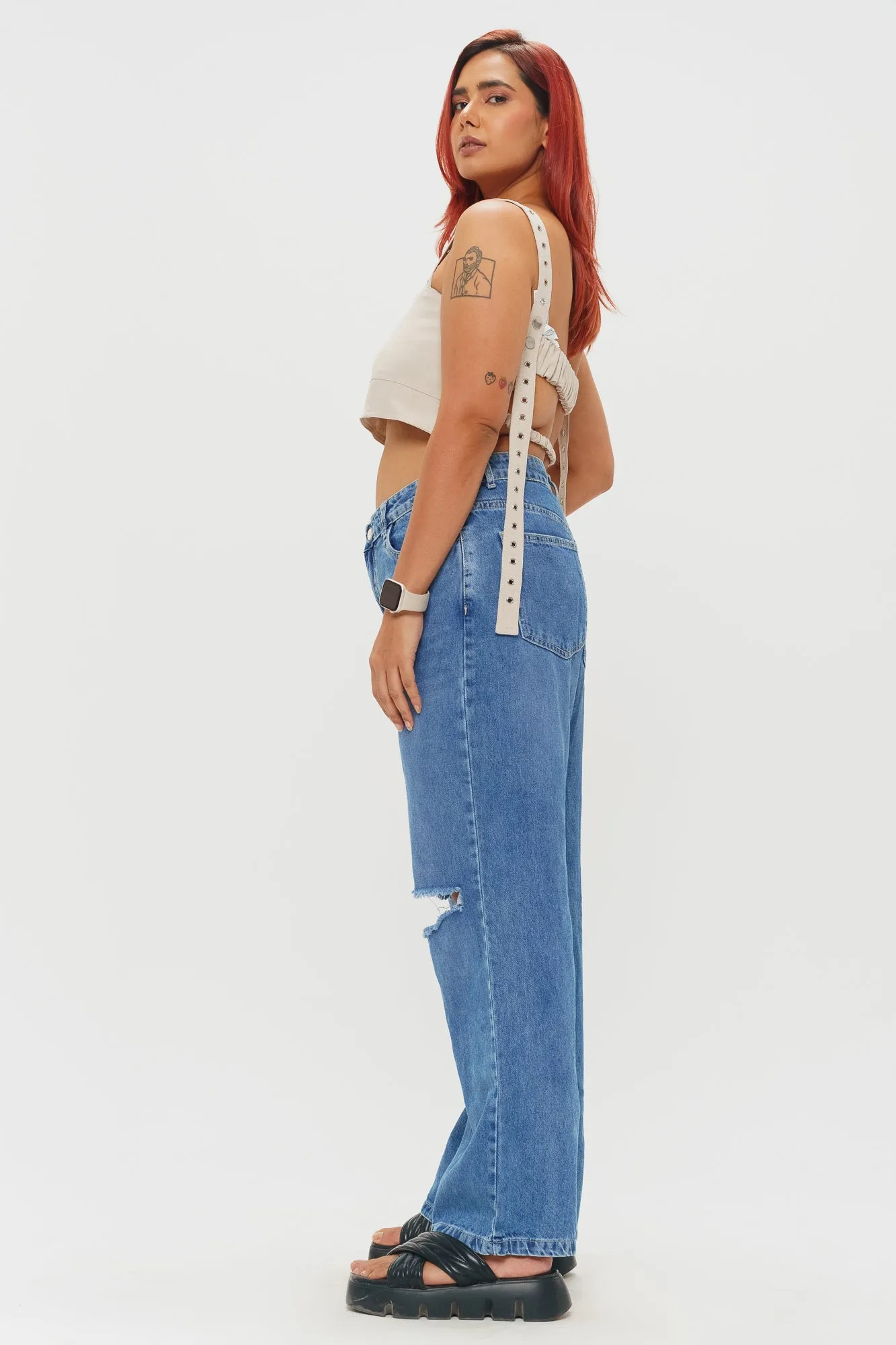 Blue Faded Distressed Wide Jeans