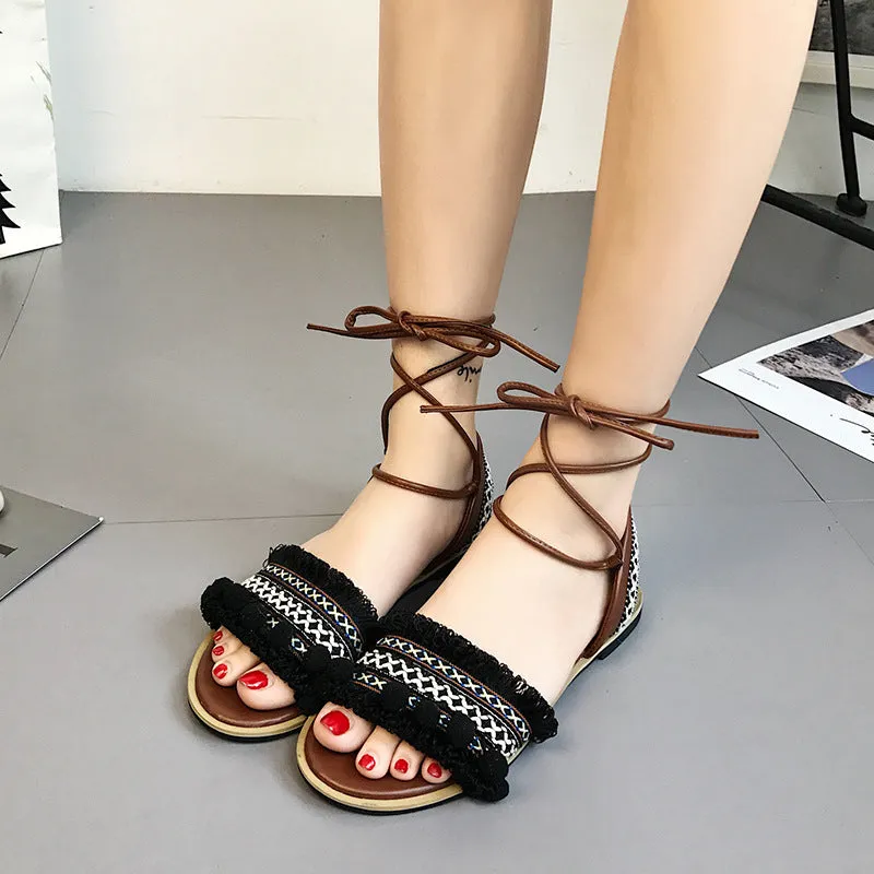 Bohemian Retro Ankle Wraps Open Toe Flat Sandals