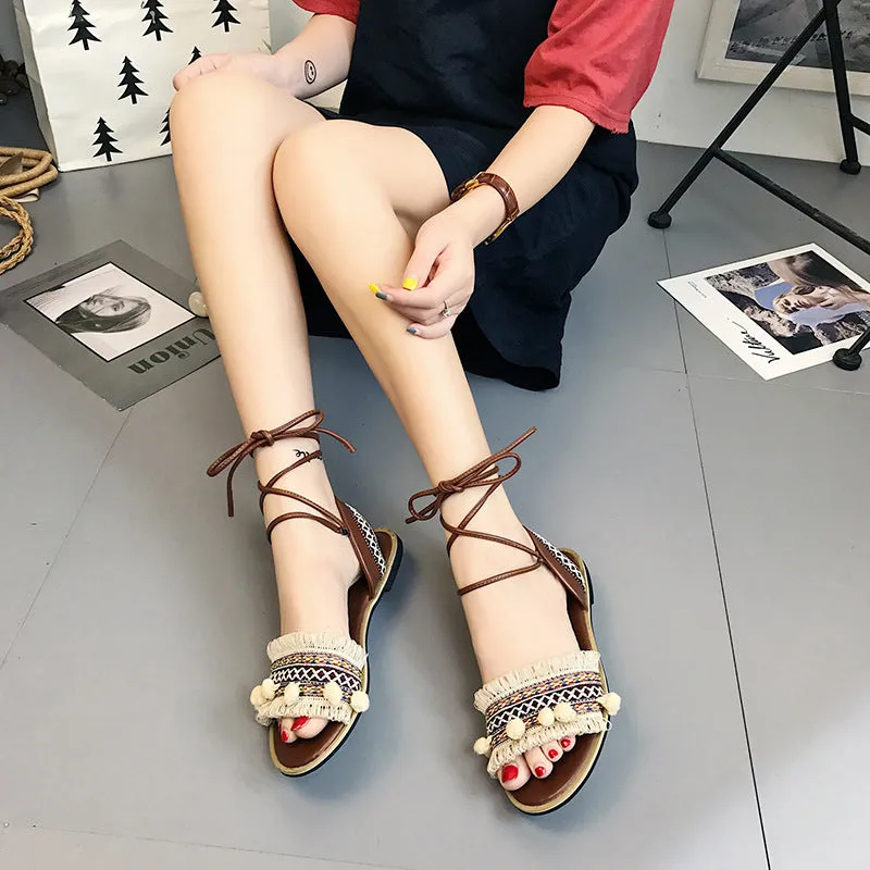 Bohemian Retro Ankle Wraps Open Toe Flat Sandals