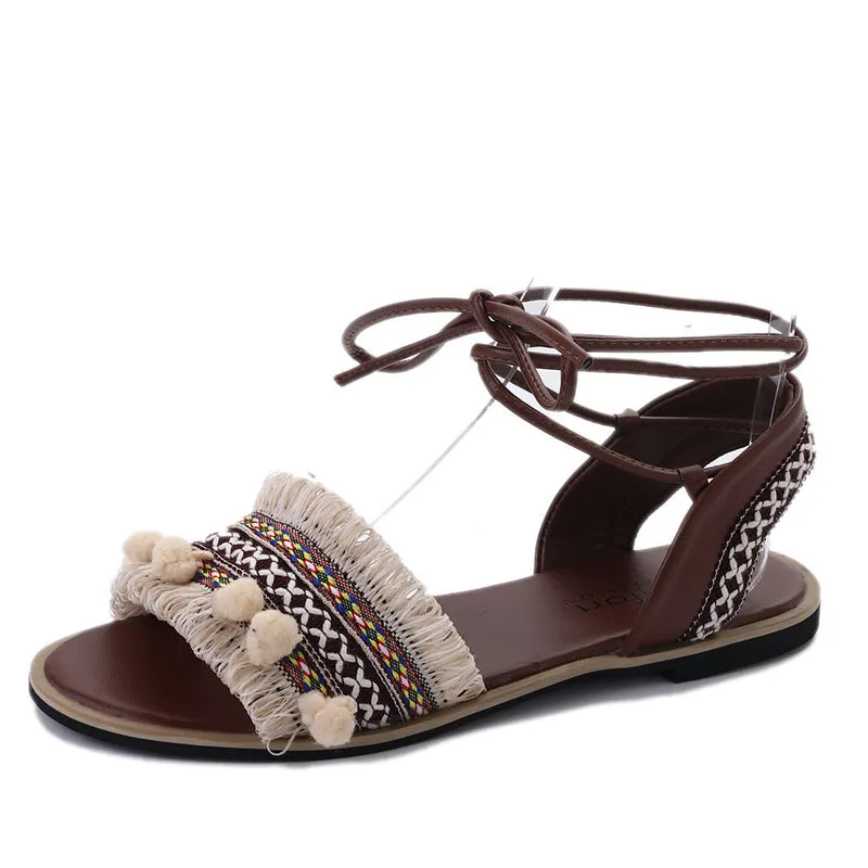 Bohemian Retro Ankle Wraps Open Toe Flat Sandals