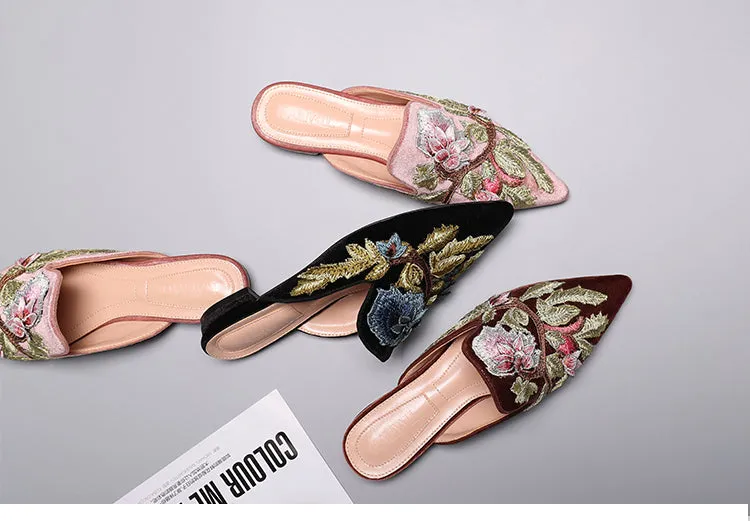 BOOPDO DESIGN FLORAL EMBROIDERY BACKLESS LOAFERS