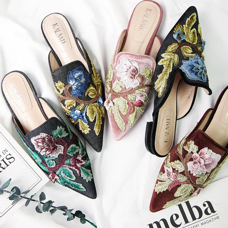 BOOPDO DESIGN FLORAL EMBROIDERY BACKLESS LOAFERS