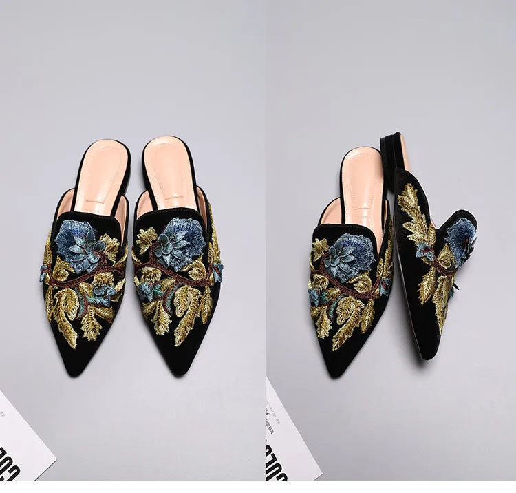 BOOPDO DESIGN FLORAL EMBROIDERY BACKLESS LOAFERS