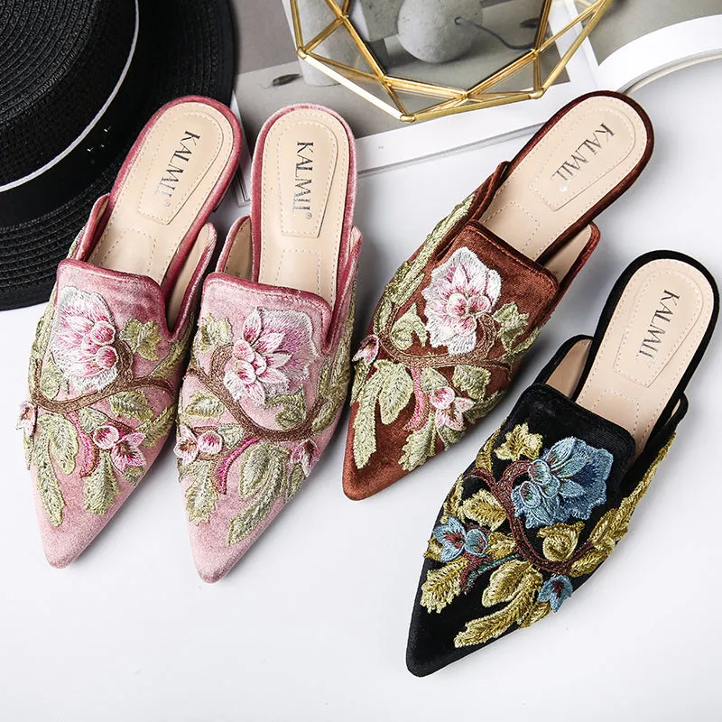 BOOPDO DESIGN FLORAL EMBROIDERY BACKLESS LOAFERS