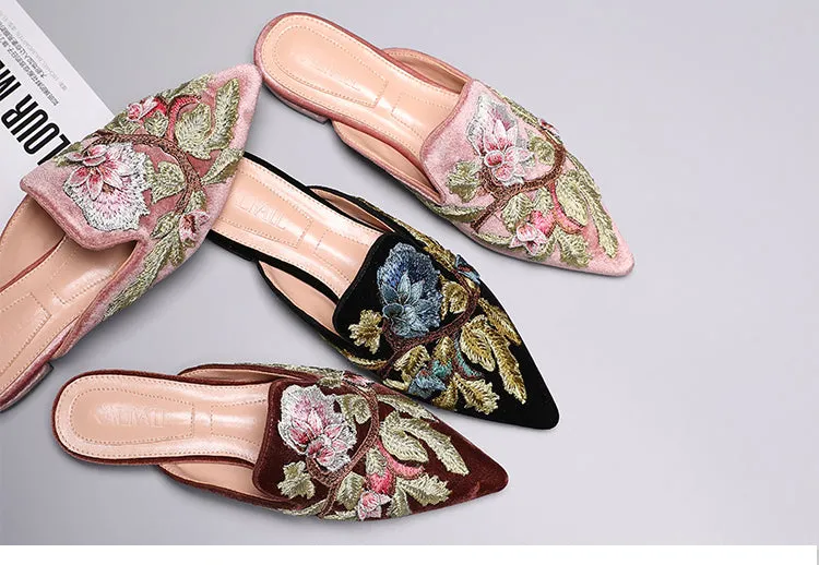 BOOPDO DESIGN FLORAL EMBROIDERY BACKLESS LOAFERS