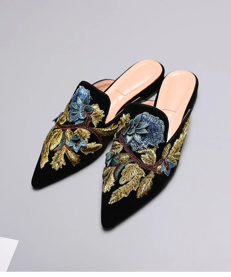 BOOPDO DESIGN FLORAL EMBROIDERY BACKLESS LOAFERS