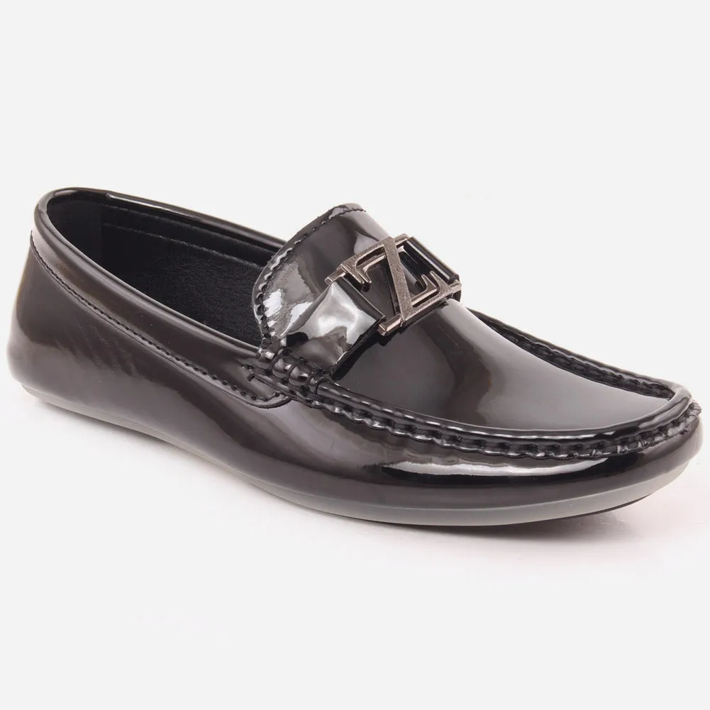 Boys "LUIS" Patent Leather Silver Metal Moccasins