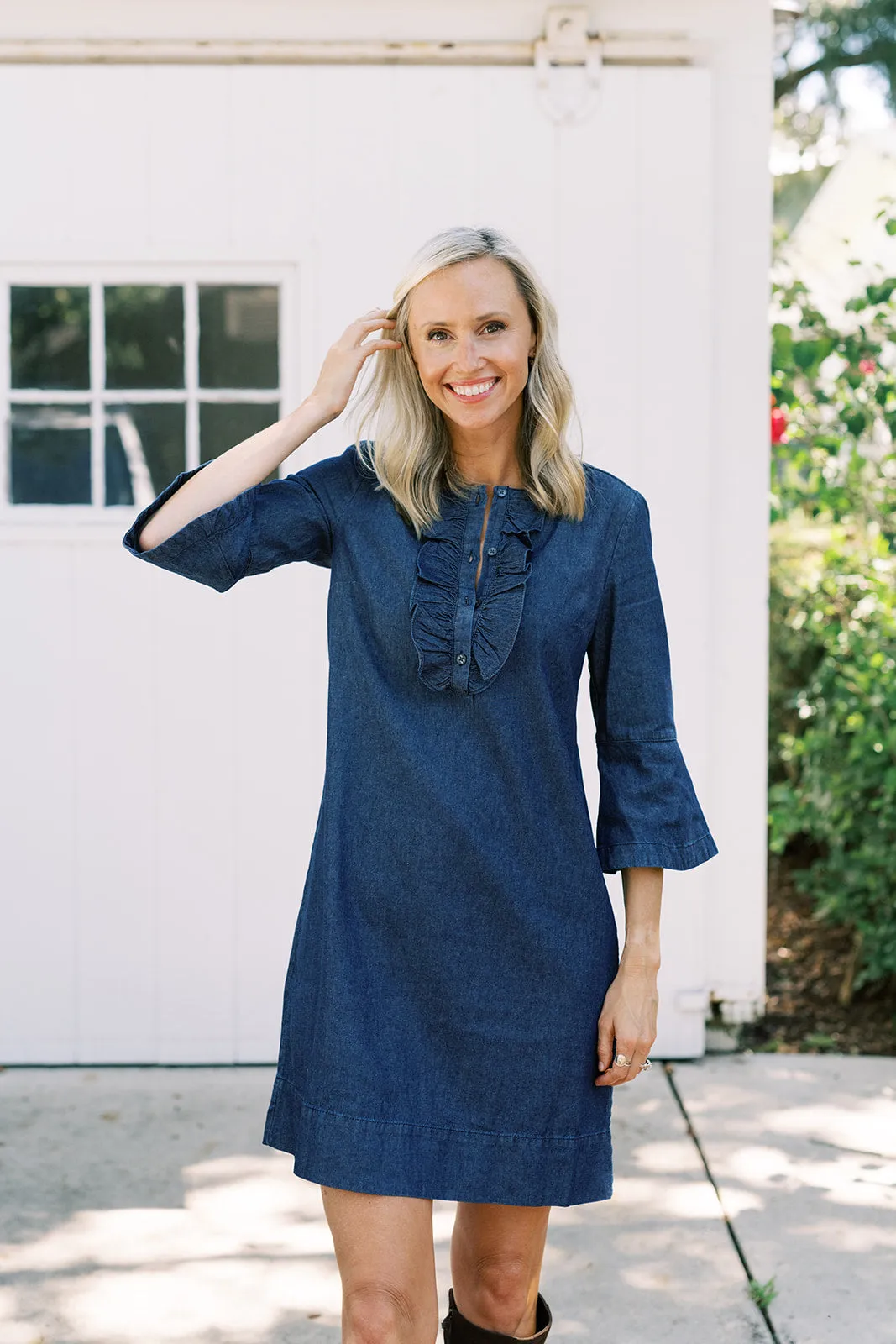 Chambray Ruffle Shift Dress