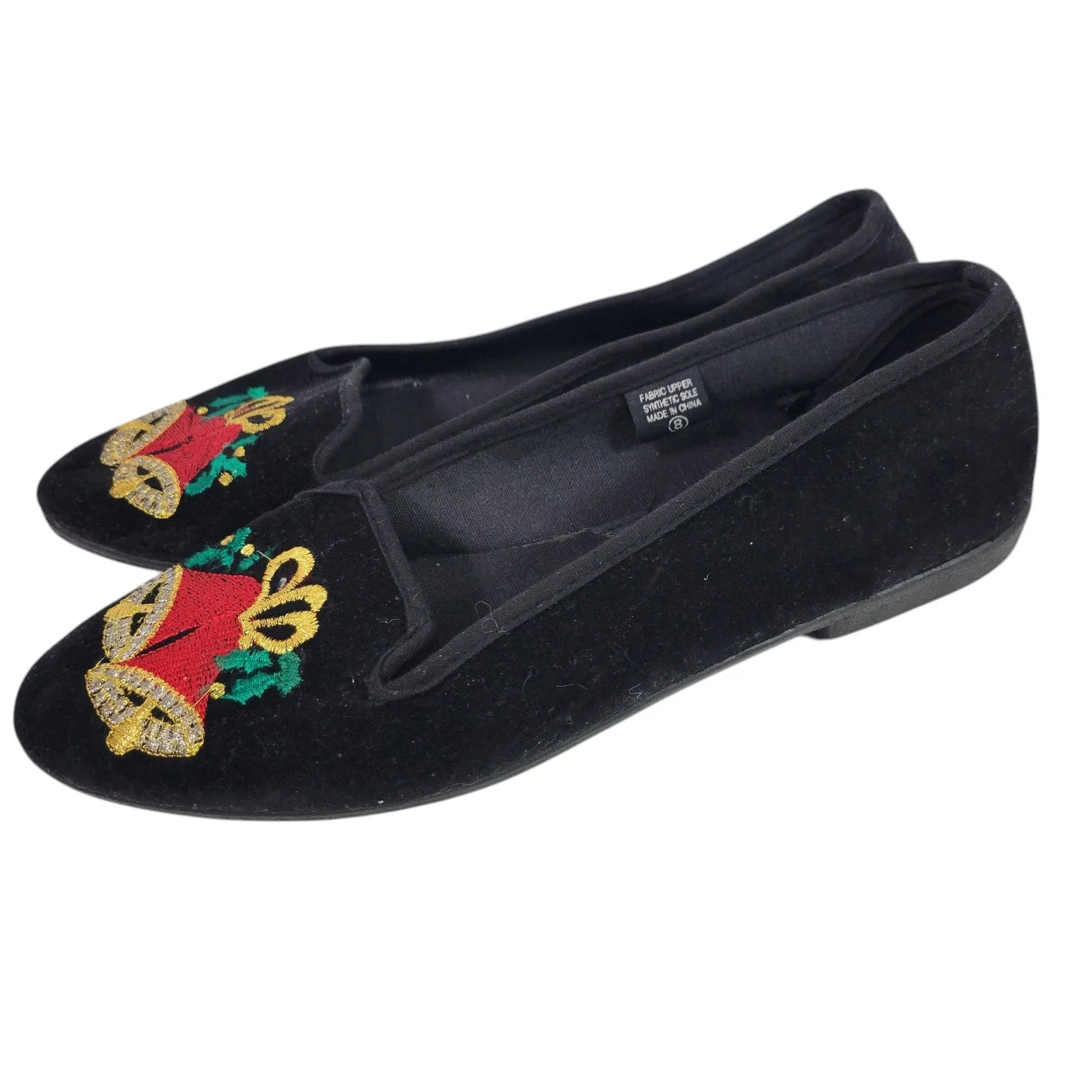 Christmas Bells Flats Black Velvet Velour Loafers Festive Holiday XMas Shoes 8