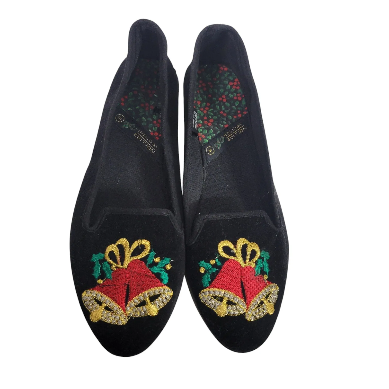 Christmas Bells Flats Black Velvet Velour Loafers Festive Holiday XMas Shoes 8