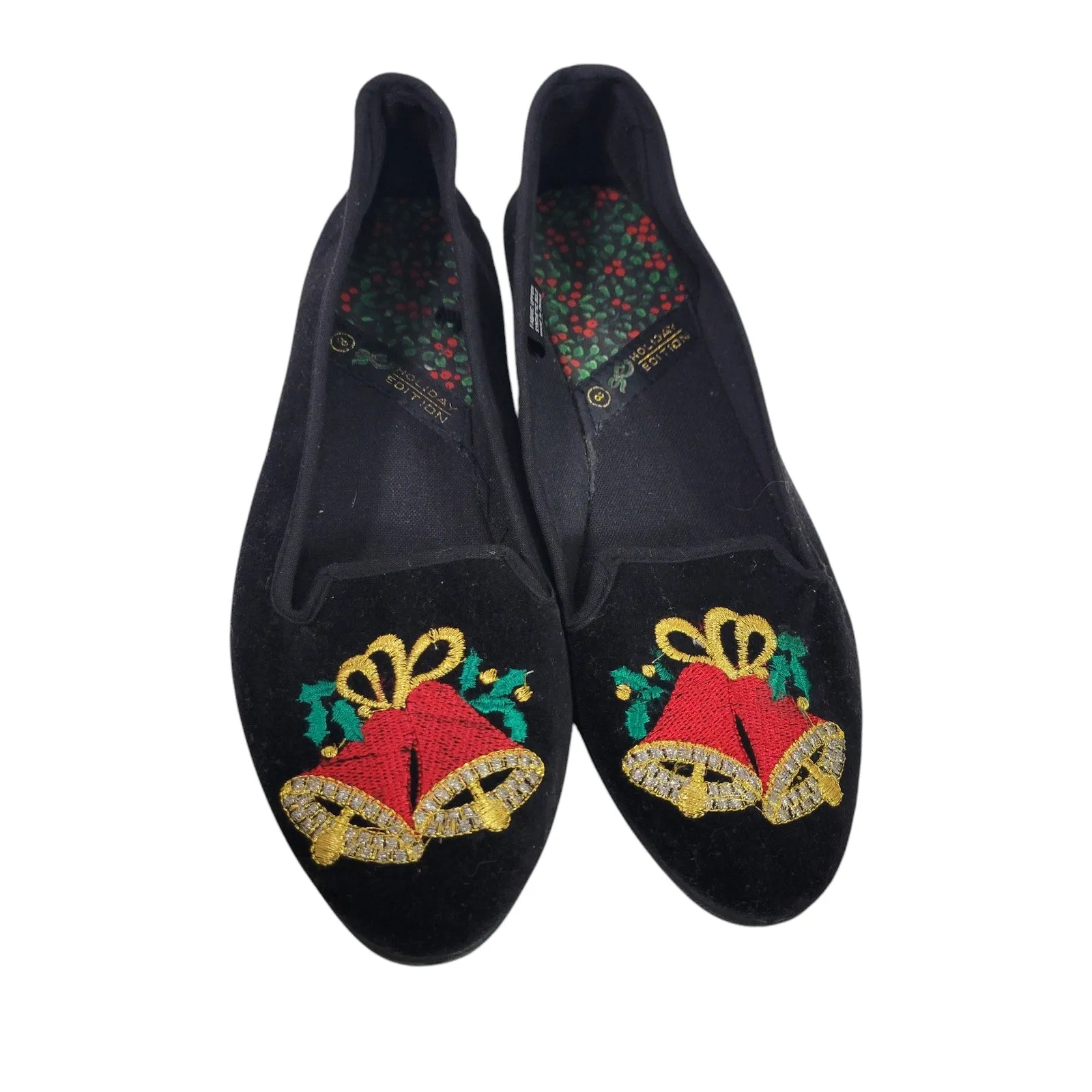 Christmas Bells Flats Black Velvet Velour Loafers Festive Holiday XMas Shoes 8