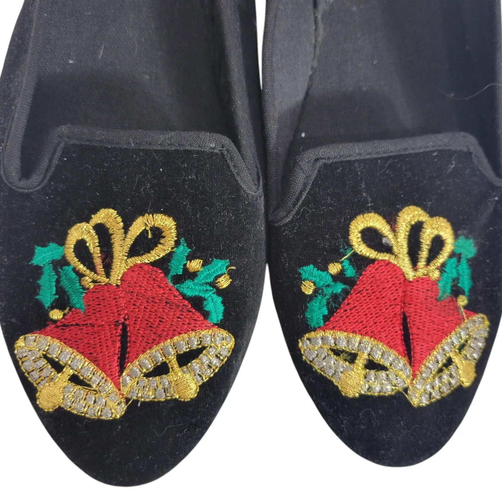 Christmas Bells Flats Black Velvet Velour Loafers Festive Holiday XMas Shoes 8