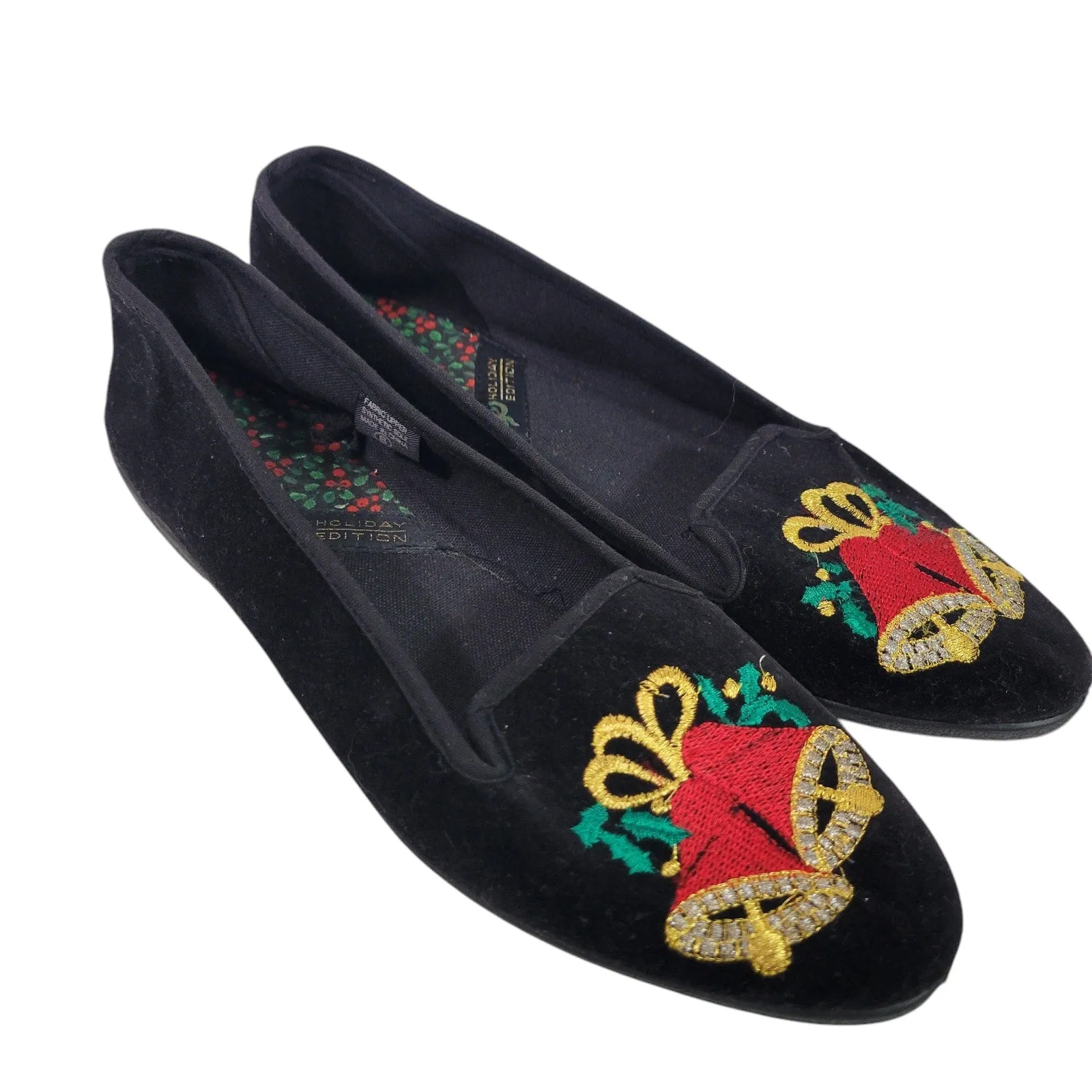 Christmas Bells Flats Black Velvet Velour Loafers Festive Holiday XMas Shoes 8