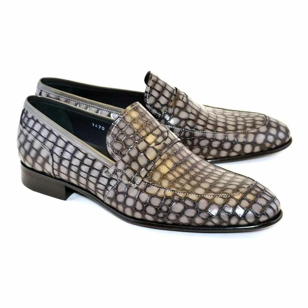 Corrente Grey Crocodile Print Calfskin Men Slip On Penny Loafer