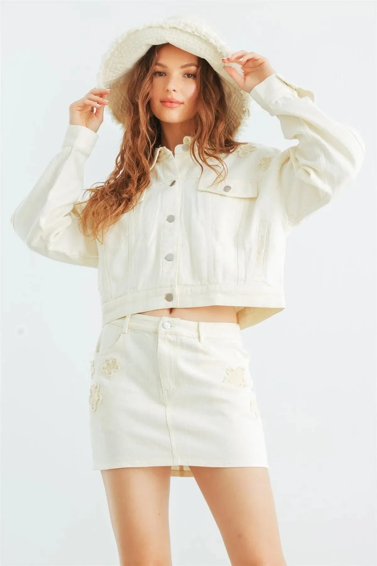 Cream Denim Cotton Collared Neck Button-Up Jacket & High Waist Mini Skirt Set /1-2-1-1