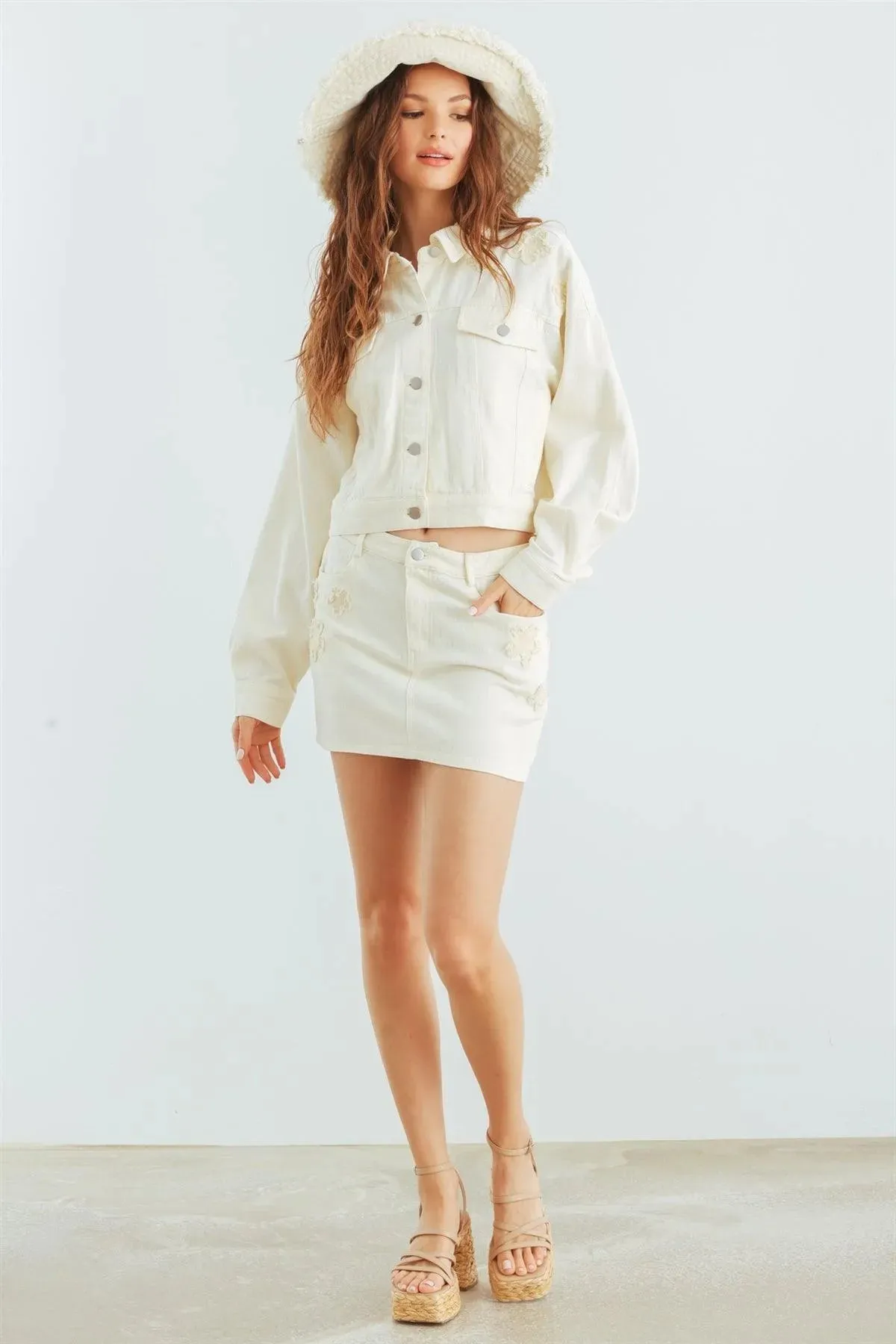 Cream Denim Cotton Collared Neck Button-Up Jacket & High Waist Mini Skirt Set /1-2-1-1