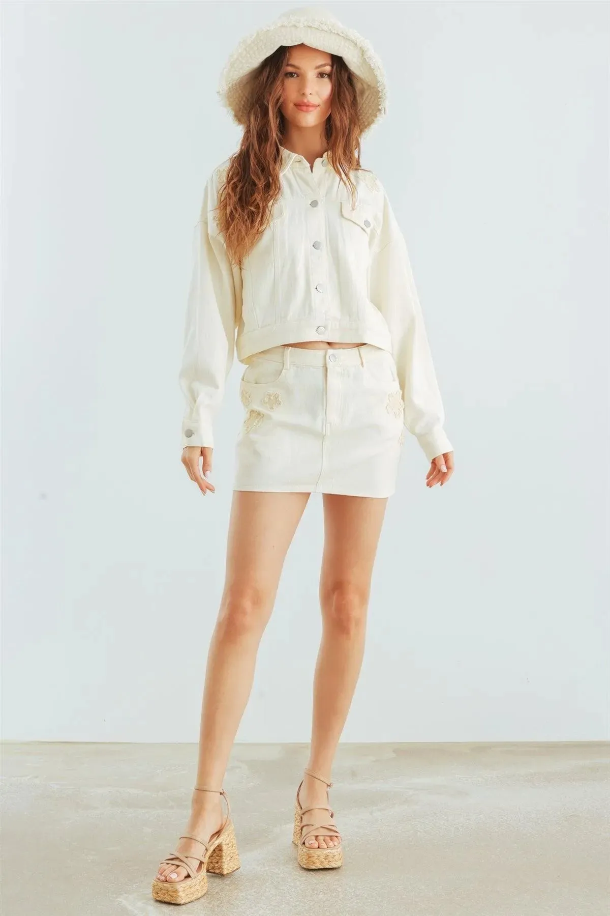 Cream Denim Cotton Collared Neck Button-Up Jacket & High Waist Mini Skirt Set /1-2-1-1