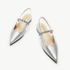 Crystal Strap Slingback Flats (Aida) Silver