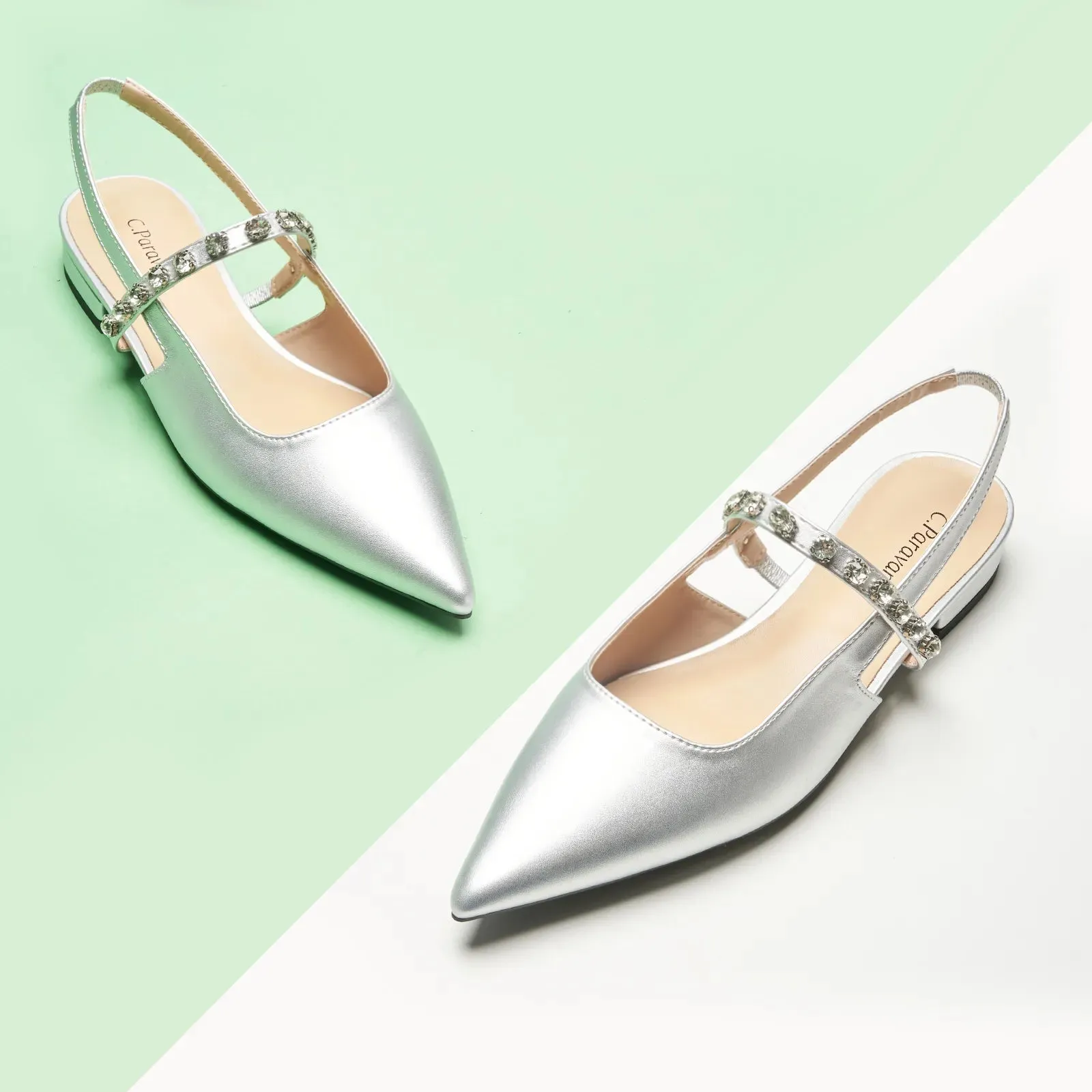 Crystal Strap Slingback Flats (Aida) Silver