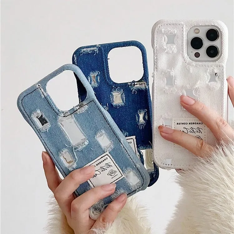 Cute Fashionable Distressed Denim Silver Mirror Design Thick Protective Shockproof iPhone Case for iPhone 11 12 13 14 15 Pro Max Case