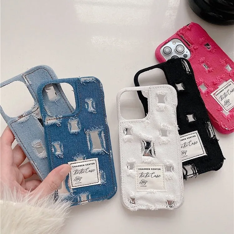 Cute Fashionable Distressed Denim Silver Mirror Design Thick Protective Shockproof iPhone Case for iPhone 11 12 13 14 15 Pro Max Case