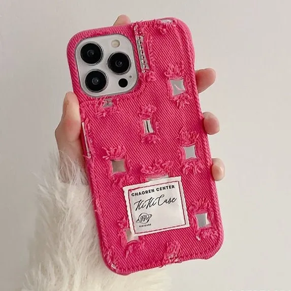 Cute Fashionable Distressed Denim Silver Mirror Design Thick Protective Shockproof iPhone Case for iPhone 11 12 13 14 15 Pro Max Case