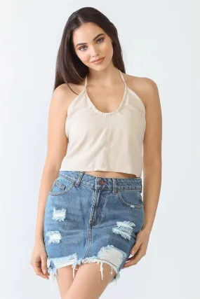 Denim Distressed Trim Hem High Waist Mini Skirt