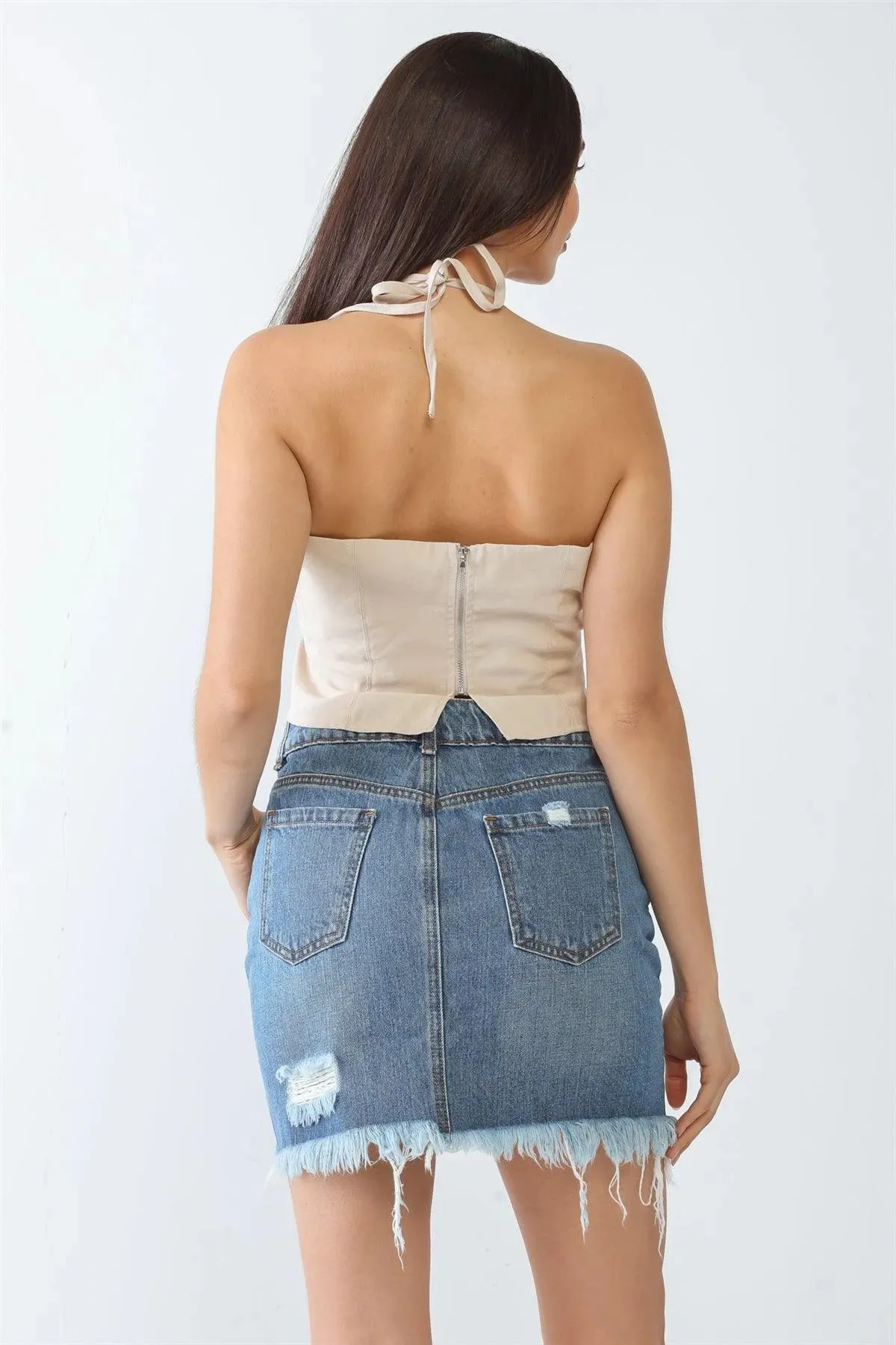 Denim Distressed Trim Hem High Waist Mini Skirt