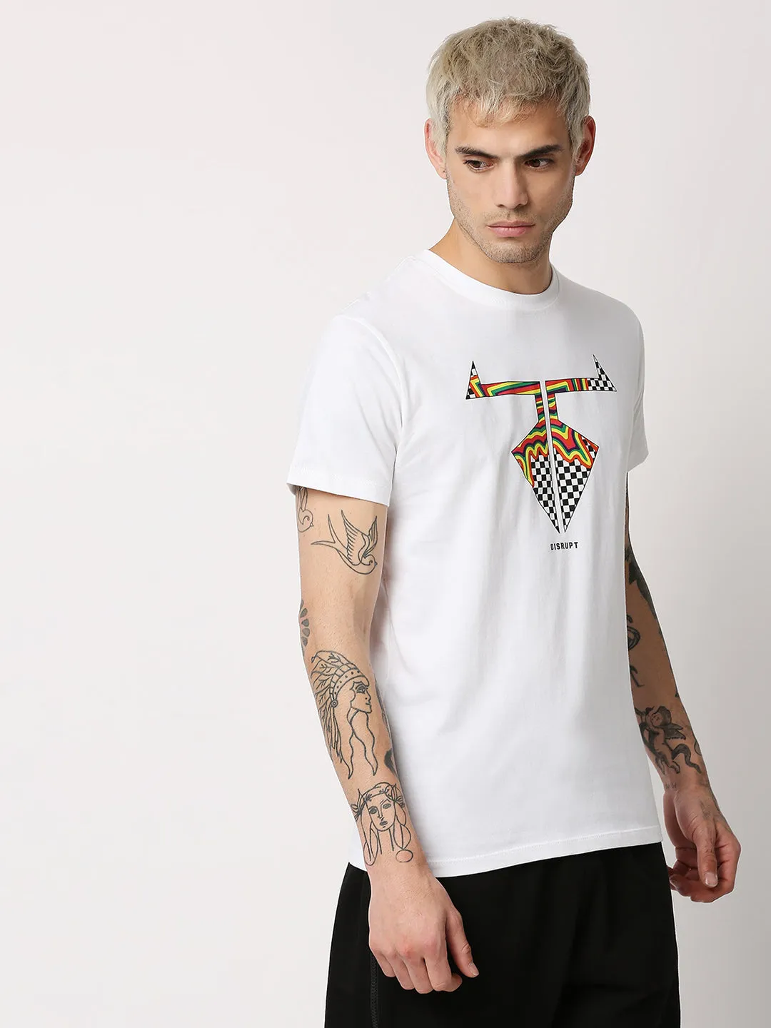 Disrupt Mens White Half Sleeve Cheks Logo Printed T-shirt