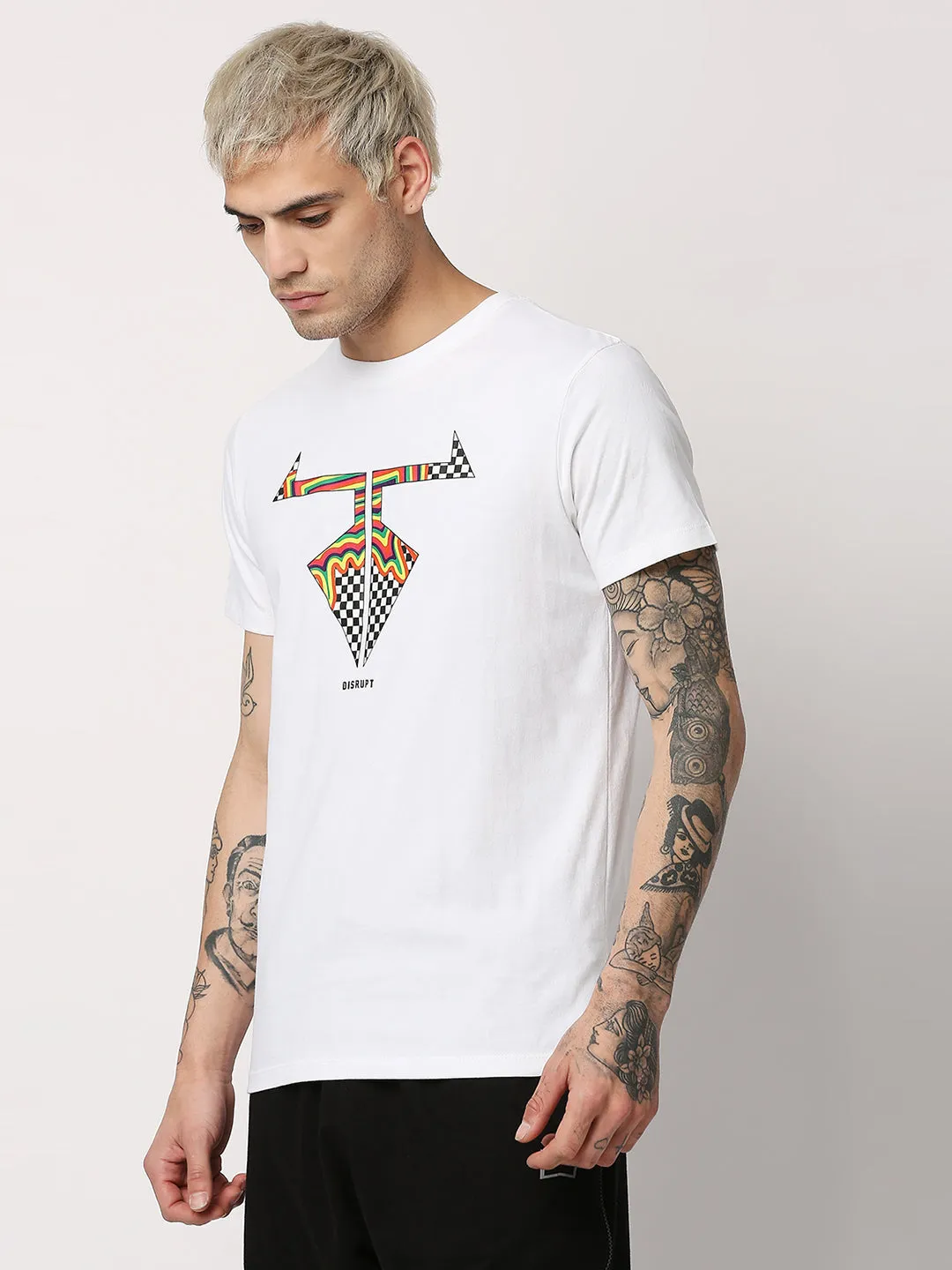 Disrupt Mens White Half Sleeve Cheks Logo Printed T-shirt